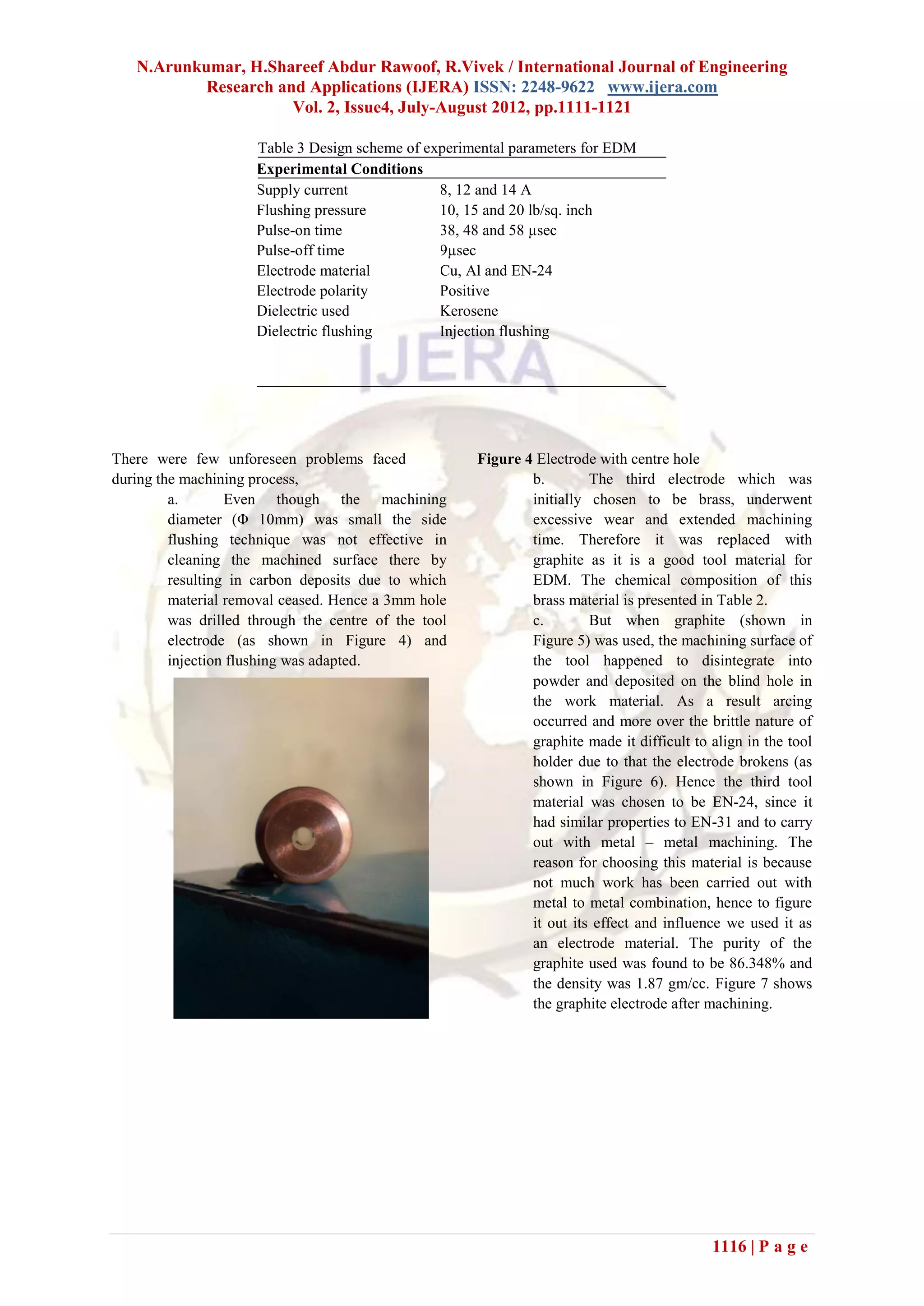N.Arunkumar, H.Shareef Abdur Rawoof, R.Vivek / International Journal of Engineering
           Research and Applications (IJERA) ISSN: 2248-9622 www.ijera.com
                      Vol. 2, Issue4, July-August 2012, pp.1111-1121

                      Table 3 Design scheme of experimental parameters for EDM
                      Experimental Conditions
                      Supply current             8, 12 and 14 A
                      Flushing pressure          10, 15 and 20 lb/sq. inch
                      Pulse-on time              38, 48 and 58 µsec
                      Pulse-off time             9µsec
                      Electrode material         Cu, Al and EN-24
                      Electrode polarity         Positive
                      Dielectric used            Kerosene
                      Dielectric flushing        Injection flushing




There were few unforeseen problems faced              Figure 4 Electrode with centre hole
during the machining process,                                 b.        The third electrode which was
         a.       Even though the machining                   initially chosen to be brass, underwent
         diameter (Φ 10mm) was small the side                 excessive wear and extended machining
         flushing technique was not effective in              time. Therefore it was replaced with
         cleaning the machined surface there by               graphite as it is a good tool material for
         resulting in carbon deposits due to which            EDM. The chemical composition of this
         material removal ceased. Hence a 3mm hole            brass material is presented in Table 2.
         was drilled through the centre of the tool           c.        But when graphite (shown in
         electrode (as shown in Figure 4) and                 Figure 5) was used, the machining surface of
         injection flushing was adapted.                      the tool happened to disintegrate into
                                                              powder and deposited on the blind hole in
                                                              the work material. As a result arcing
                                                              occurred and more over the brittle nature of
                                                              graphite made it difficult to align in the tool
                                                              holder due to that the electrode brokens (as
                                                              shown in Figure 6). Hence the third tool
                                                              material was chosen to be EN-24, since it
                                                              had similar properties to EN-31 and to carry
                                                              out with metal – metal machining. The
                                                              reason for choosing this material is because
                                                              not much work has been carried out with
                                                              metal to metal combination, hence to figure
                                                              it out its effect and influence we used it as
                                                              an electrode material. The purity of the
                                                              graphite used was found to be 86.348% and
                                                              the density was 1.87 gm/cc. Figure 7 shows
                                                              the graphite electrode after machining.




                                                                                            1116 | P a g e
 