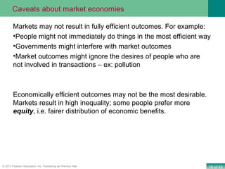 16 of 43© 2013 Pearson Education, Inc. Publishing as Prentice Hall
Markets may not result in fully efficient outcomes. For example:
•People might not immediately do things in the most efficient way
•Governments might interfere with market outcomes
•Market outcomes might ignore the desires of people who are
not involved in transactions – ex: pollution
Economically efficient outcomes may not be the most desirable.
Markets result in high inequality; some people prefer more
equity, i.e. fairer distribution of economic benefits.
Caveats about market economies
 