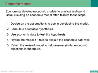 18 of 43© 2013 Pearson Education, Inc. Publishing as Prentice Hall
Economists develop economic models to analyze real-world
issue. Building an economic model often follows these steps:
1. Decide on the assumptions to use in developing the model.
2. Formulate a testable hypothesis.
3. Use economic data to test the hypothesis.
4. Revise the model if it fails to explain the economic data well.
5. Retain the revised model to help answer similar economic
questions in the future.
Economic models
 