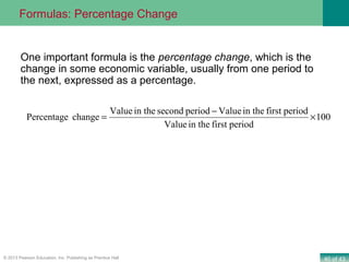 40 of 43© 2013 Pearson Education, Inc. Publishing as Prentice Hall
Formulas: Percentage Change
100
periodfirstin theValue
periodfirstin theValueperiodsecondin theValue
changePercentage ×
−
=
One important formula is the percentage change, which is the
change in some economic variable, usually from one period to
the next, expressed as a percentage.
 