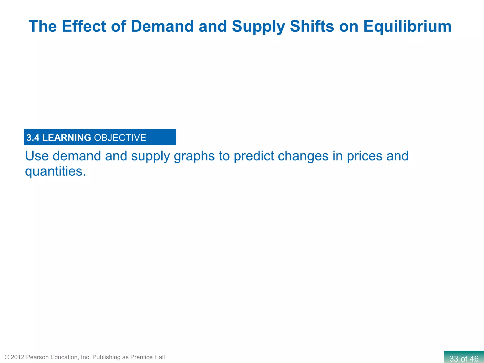 33 of 46© 2012 Pearson Education, Inc. Publishing as Prentice Hall
Use demand and supply graphs to predict changes in prices and
quantities.
3.4 LEARNING OBJECTIVE
The Effect of Demand and Supply Shifts on Equilibrium
 