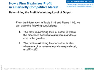 13 of 39Copyright © 2010 Pearson Education, Inc. Publishing as Prentice Hall · Microeconomics · R. Glenn Hubbard, Anthony Patrick O’Brien, 3e.
Chapte
How a Firm Maximizes Profit
in a Perfectly Competitive Market
Determining the Profit-Maximizing Level of Output
1. The profit-maximizing level of output is where
the difference between total revenue and total
cost is the greatest.
2. The profit-maximizing level of output is also
where marginal revenue equals marginal cost,
or MR = MC.
From the information in Table 11-3 and Figure 11-3, we
can draw the following conclusions:
Explain how a firm maximizes profit
in a perfectly competitive market.
11.2 LEARNING OBJECTIVE
 