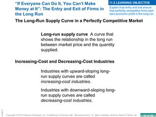 32 of 39Copyright © 2010 Pearson Education, Inc. Publishing as Prentice Hall · Microeconomics · R. Glenn Hubbard, Anthony Patrick O’Brien, 3e.
Chapte
Long-run supply curve A curve that
shows the relationship in the long run
between market price and the quantity
supplied.
Increasing-Cost and Decreasing-Cost Industries
Industries with upward-sloping long-
run supply curves are called
increasing-cost industries.
Industries with downward-sloping long-
run supply curves are called
decreasing-cost industries.
The Long-Run Supply Curve in a Perfectly Competitive Market
“If Everyone Can Do It, You Can’t Make
Money at It”: The Entry and Exit of Firms in
the Long Run
Explain how entry and exit ensure
that perfectly competitive firms earn
zero economic profit in the long run.
11.5 LEARNING OBJECTIVE
 