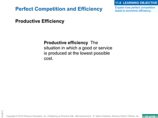 34 of 39Copyright © 2010 Pearson Education, Inc. Publishing as Prentice Hall · Microeconomics · R. Glenn Hubbard, Anthony Patrick O’Brien, 3e.
Chapte
Perfect Competition and Efficiency
Productive efficiency The
situation in which a good or service
is produced at the lowest possible
cost.
Productive Efficiency
Explain how perfect competition
leads to economic efficiency.
11.6 LEARNING OBJECTIVE
 