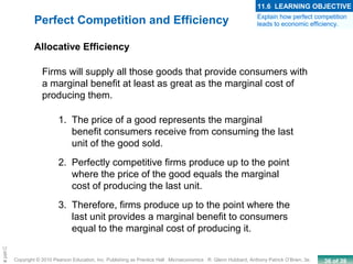 36 of 39Copyright © 2010 Pearson Education, Inc. Publishing as Prentice Hall · Microeconomics · R. Glenn Hubbard, Anthony Patrick O’Brien, 3e.
Chapte
Perfect Competition and Efficiency
1. The price of a good represents the marginal
benefit consumers receive from consuming the last
unit of the good sold.
2. Perfectly competitive firms produce up to the point
where the price of the good equals the marginal
cost of producing the last unit.
3. Therefore, firms produce up to the point where the
last unit provides a marginal benefit to consumers
equal to the marginal cost of producing it.
Allocative Efficiency
Firms will supply all those goods that provide consumers with
a marginal benefit at least as great as the marginal cost of
producing them.
Explain how perfect competition
leads to economic efficiency.
11.6 LEARNING OBJECTIVE
 