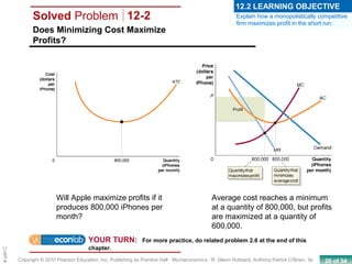 20 of 34Copyright © 2010 Pearson Education, Inc. Publishing as Prentice Hall · Microeconomics · R. Glenn Hubbard, Anthony Patrick O’Brien, 3e.
Chapte
Will Apple maximize profits if it
produces 800,000 iPhones per
month?
Does Minimizing Cost Maximize
Profits?
Solved Problem 12-2
Average cost reaches a minimum
at a quantity of 800,000, but profits
are maximized at a quantity of
600,000.
YOUR TURN: For more practice, do related problem 2.6 at the end of this
chapter.
Explain how a monopolistically competitive
firm maximizes profit in the short run.
12.2 LEARNING OBJECTIVE
 