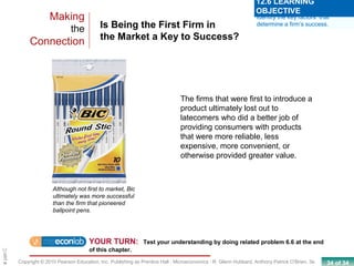 34 of 34Copyright © 2010 Pearson Education, Inc. Publishing as Prentice Hall · Microeconomics · R. Glenn Hubbard, Anthony Patrick O’Brien, 3e.
Chapte
Although not first to market, Bic
ultimately was more successful
than the firm that pioneered
ballpoint pens.
Is Being the First Firm in
the Market a Key to Success?
Making
the
Connection
YOUR TURN: Test your understanding by doing related problem 6.6 at the end
of this chapter.
Identify the key factors that
determine a firm’s success.
12.6 LEARNING
OBJECTIVE
The firms that were first to introduce a
product ultimately lost out to
latecomers who did a better job of
providing consumers with products
that were more reliable, less
expensive, more convenient, or
otherwise provided greater value.
 