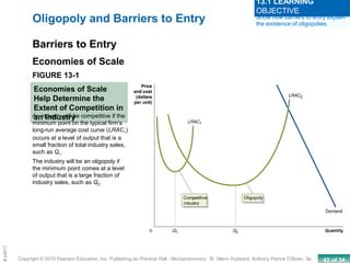 42 of 34Copyright © 2010 Pearson Education, Inc. Publishing as Prentice Hall · Microeconomics · R. Glenn Hubbard, Anthony Patrick O’Brien, 3e.
Chapte
FIGURE 13-1
Economies of Scale
Help Determine the
Extent of Competition in
an Industry
Oligopoly and Barriers to Entry
Barriers to Entry
Economies of Scale
An industry will be competitive if the
minimum point on the typical firm’s
long-run average cost curve (LRAC1)
occurs at a level of output that is a
small fraction of total industry sales,
such as Q1.
The industry will be an oligopoly if
the minimum point comes at a level
of output that is a large fraction of
industry sales, such as Q2.
Show how barriers to entry explain
the existence of oligopolies.
13.1 LEARNING
OBJECTIVE
 