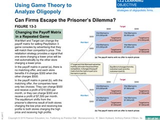 51 of 34Copyright © 2010 Pearson Education, Inc. Publishing as Prentice Hall · Microeconomics · R. Glenn Hubbard, Anthony Patrick O’Brien, 3e.
Chapte
FIGURE 13-3
Changing the Payoff Matrix
in a Repeated Game
Using Game Theory to
Analyze Oligopoly
Can Firms Escape the Prisoner’s Dilemma?
Wal-Mart and Target can change the
payoff matrix for selling PlayStation 3
game consoles by advertising that they
will match their competitor’s price. This
retaliation strategy provides a signal that
one store charging a lower price will be
met automatically by the other store
charging a lower price.
In the payoff matrix in panel (a), there is
no matching offer, and each store
benefits if it charges $300 when the
other charges $500.
In the payoff matrix in panel (b), with the
matching offer, the companies have
only two choices: They can charge $500
and receive a profit of $10,000 per
month, or they can charge $300 and
receive a profit of $7,500 per month.
The equilibrium shifts from the
prisoner’s dilemma result of both stores
charging the low price and receiving low
profits to both stores charging the high
price and receiving high profits.
Use game theory to analyze the
strategies of oligopolistic firms.
13.2 LEARNING
OBJECTIVE
 