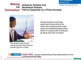 53 of 34Copyright © 2010 Pearson Education, Inc. Publishing as Prentice Hall · Microeconomics · R. Glenn Hubbard, Anthony Patrick O’Brien, 3e.
Chapte
American Airlines and
Northwest Airlines
Fail to Cooperate on a Price Increase
Making
the
Connection
The airlines have trouble
raising the price this business
traveler pays for a ticket.
Use game theory to analyze the
strategies of oligopolistic firms.
13.2 LEARNING
OBJECTIVE
Airlines therefore continually
adjust their prices while at the
same time monitoring their rivals’
prices and retaliating against them
either for cutting prices or failing to
go along with price increases.
YOUR TURN: Test your understanding by doing related problems 2.17 and
2.18 at the end of this chapter.
 