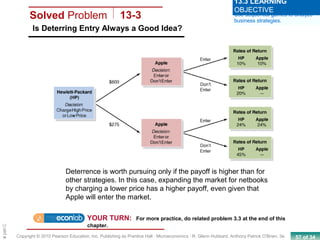 57 of 34Copyright © 2010 Pearson Education, Inc. Publishing as Prentice Hall · Microeconomics · R. Glenn Hubbard, Anthony Patrick O’Brien, 3e.
Chapte
Solved Problem 13-3
Is Deterring Entry Always a Good Idea?
Use sequential games to analyze
business strategies.
13.3 LEARNING
OBJECTIVE
YOUR TURN: For more practice, do related problem 3.3 at the end of this
chapter.
Deterrence is worth pursuing only if the payoff is higher than for
other strategies. In this case, expanding the market for netbooks
by charging a lower price has a higher payoff, even given that
Apple will enter the market.
 