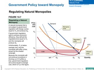 32 of 34Copyright © 2010 Pearson Education, Inc. Publishing as Prentice Hall · Microeconomics · R. Glenn Hubbard, Anthony Patrick O’Brien, 3e.
Chapt
FIGURE 14-7
Regulating a Natural
Monopoly
Government Policy toward Monopoly
Regulating Natural Monopolies
Discuss government policies
toward monopoly.
14.5 LEARNING
OBJECTIVE
A natural monopoly that is
not subject to government
regulation will charge a price
equal to PM and produce QM.
If government regulators
want to achieve economic
efficiency, they will set the
regulated price equal to PE,
and the monopoly will
produce QE.
Unfortunately, PE is below
average cost, and the
monopoly will suffer a loss,
shown by the shaded
rectangle.
Because the monopoly will
not continue to produce in
the long run if it suffers a
loss, government regulators
set a price equal to average
cost, which is PR in the figure.
 