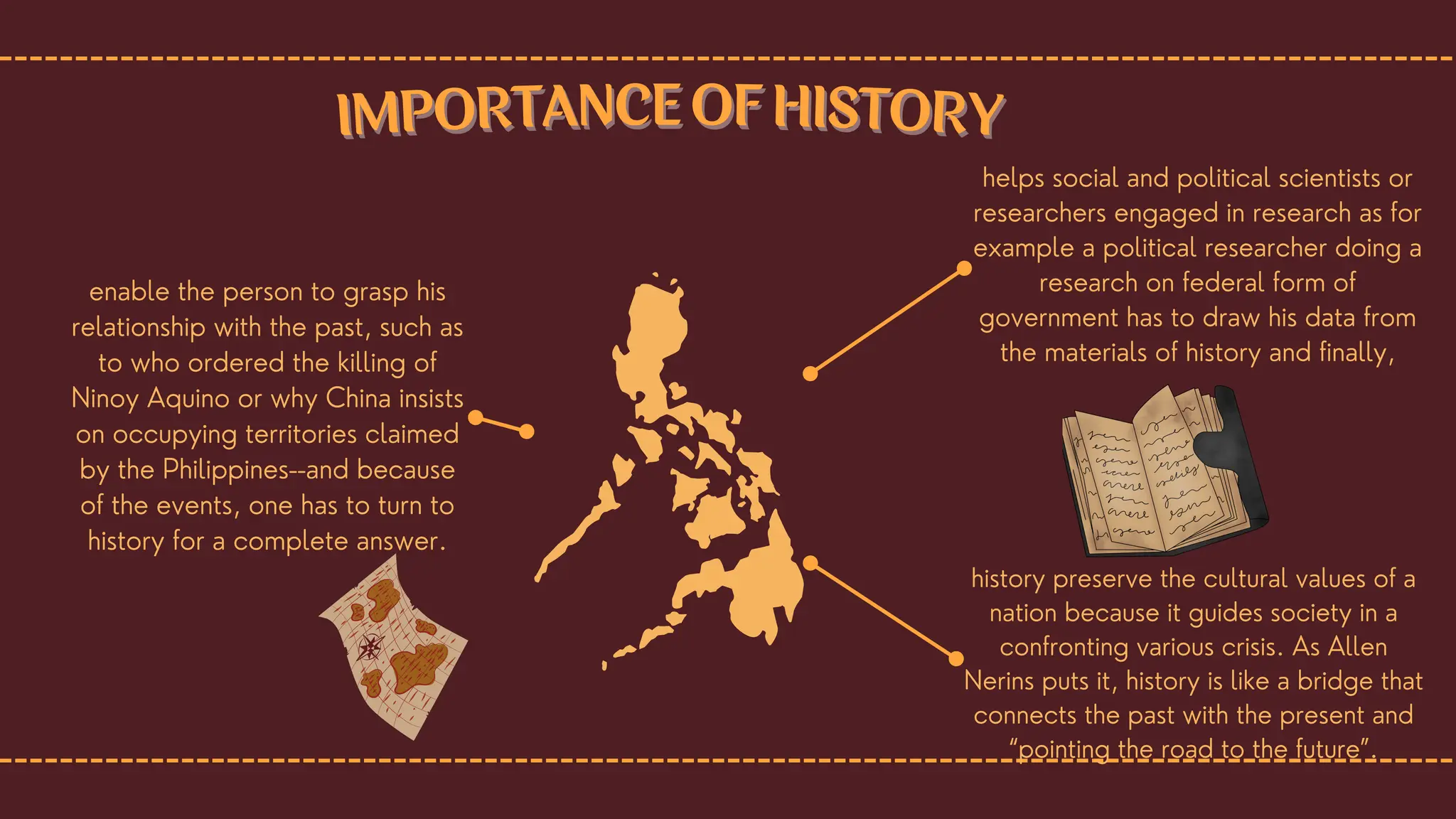 helps social and political scientists or
researchers engaged in research as for
example a political researcher doing a
research on federal form of
government has to draw his data from
the materials of history and finally,
history preserve the cultural values of a
nation because it guides society in a
confronting various crisis. As Allen
Nerins puts it, history is like a bridge that
connects the past with the present and
“pointing the road to the future”.
enable the person to grasp his
relationship with the past, such as
to who ordered the killing of
Ninoy Aquino or why China insists
on occupying territories claimed
by the Philippines--and because
of the events, one has to turn to
history for a complete answer.
IMPORTANCE OF HISTORY
IMPORTANCE OF HISTORY
 