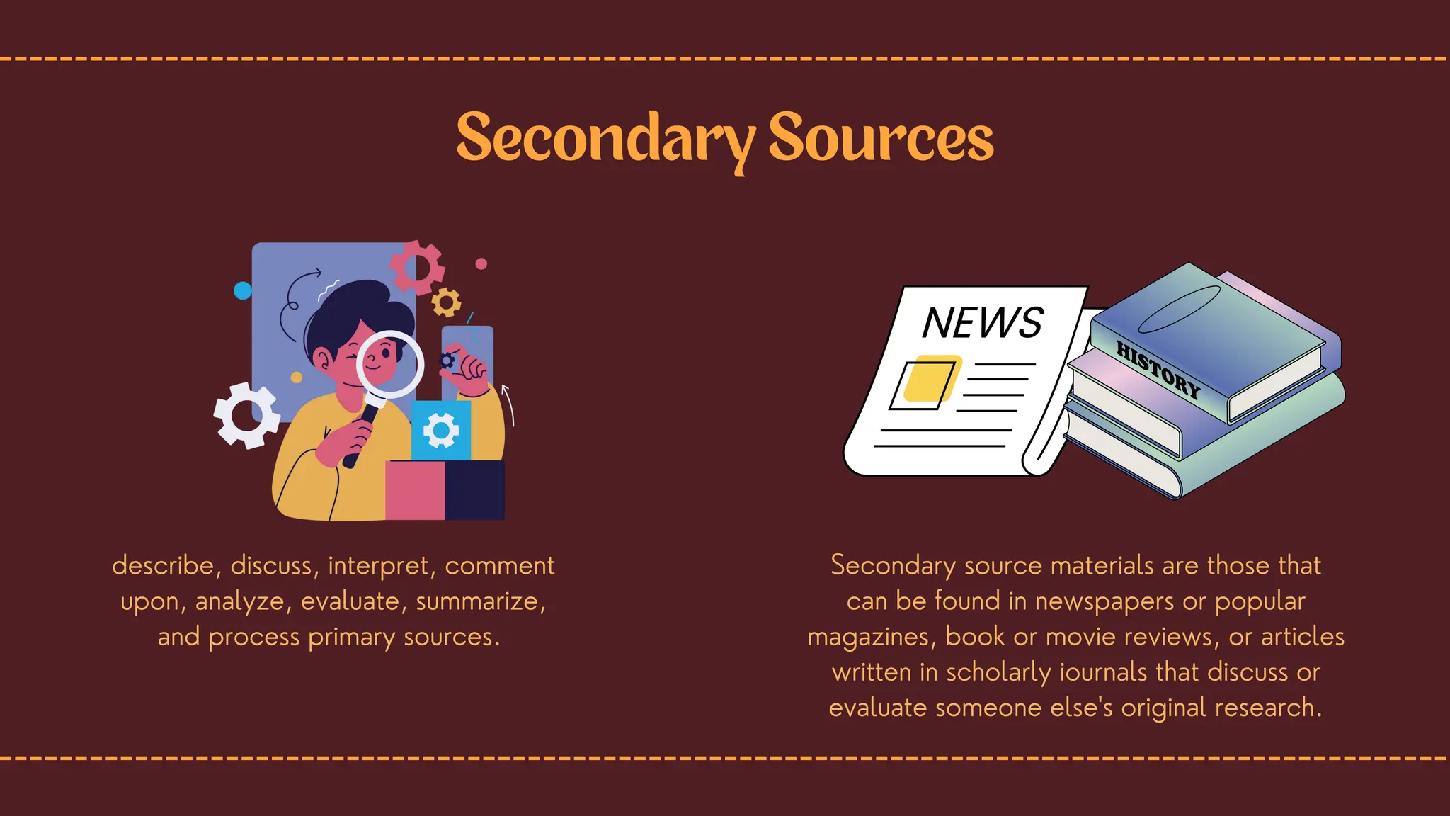 describe, discuss, interpret, comment
upon, analyze, evaluate, summarize,
and process primary sources.
Secondary Sources
Secondary source materials are those that
can be found in newspapers or popular
magazines, book or movie reviews, or articles
written in scholarly iournals that discuss or
evaluate someone else's original research.
 