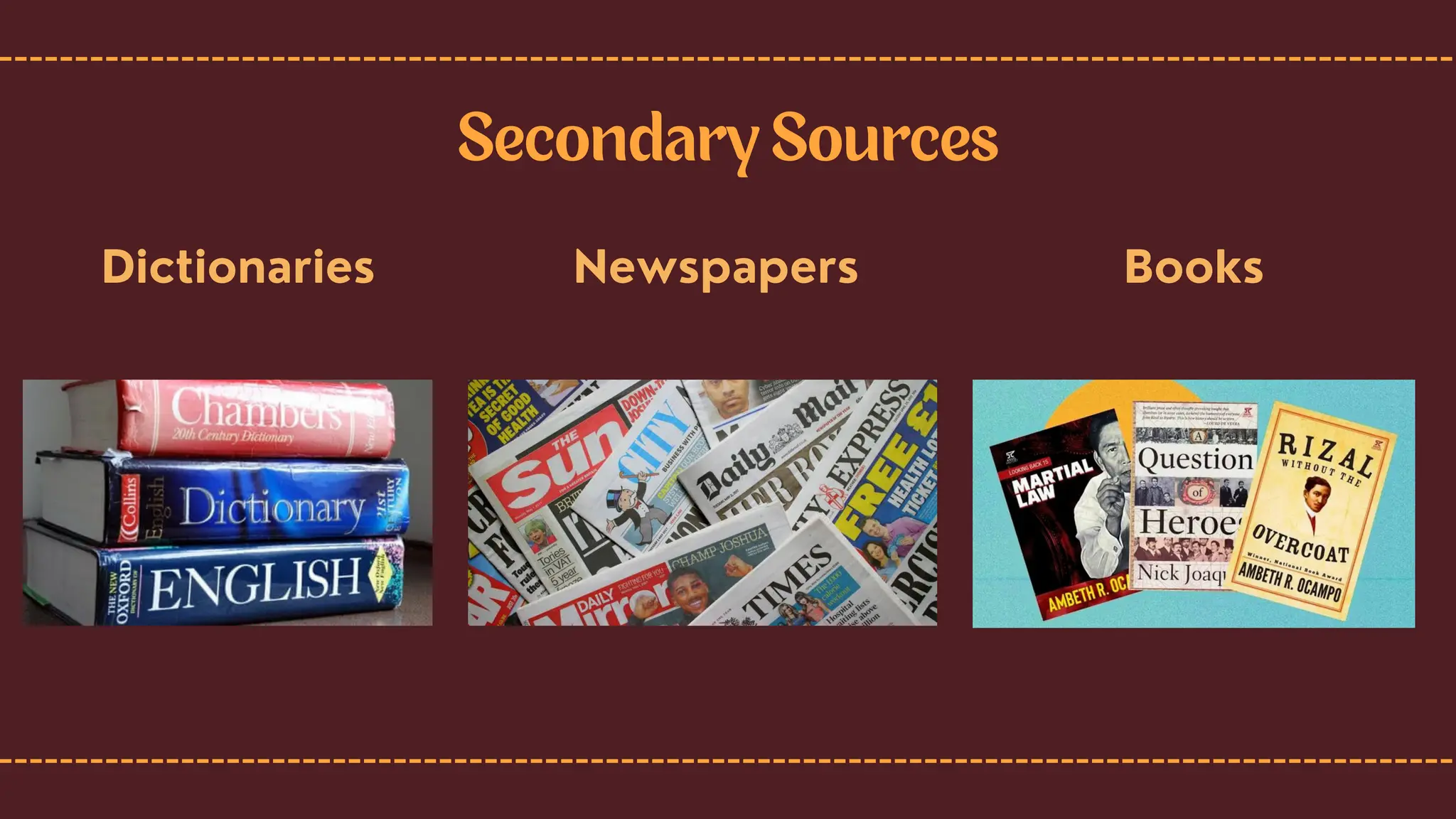 Secondary Sources
Dictionaries Newspapers Books
 