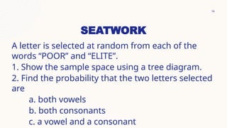 14
SEATWORK
A letter is selected at random from each of the
words “POOR” and “ELITE”.
1. Show the sample space using a tree diagram.
2. Find the probability that the two letters selected
are
a. both vowels
b. both consonants
c. a vowel and a consonant
 