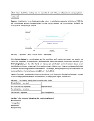 That means that these feelings are not opposite of each other, as it has always previously been
Opposite of satisfaction is not dissatisfaction, but rather, no satisfaction. According to Herzberg (1987) the
job satisfiers deal with the factors involved in doing the job, whereas the job dissatisfiers deal with the
factors which define the job context.
Herzberg’s Two Factor Theory (Source: Author's own figure)
If the hygiene factors, for example salary, working conditions, work environment, safety and security are
unsuitable (low level) at the workplace, this can make individuals unhappy, dissatisfied with their job.
Motivating factors, on the other hand, can increase job satisfaction, and motivation is based on an
individual's need for personal growth. If these elements are effective, then they can motivate an individual
to achieve above-average performance and effort. For example, having responsibility or achievement can
cause satisfaction (human characteristics) (Dartey-Baah, 2011).
Hygiene factors are needed to ensure that an employee is not dissatisfied. Motivation factors are needed
to ensure employee's satisfaction and to motivate an employee to higher performance.
Herzberg's Two Factory Theory (Source: Author's own table)
Dissatisfaction – Low level
Hygiene factors
No dissatisfaction-High level
No satisfaction – Low level
Motivating factors
Satisfaction – High level
Herzberg’s five factors of job satisfaction (motivating factors):
• achievement
• recognition
• work itself
• responsibility
believed.
 