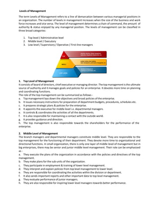 Levels of Management
The term Levels of Management refers to a line of demarcation between various managerial positions in
an organization. The number of levels in management increases when the size of the business and work
force increases and vice versa. The level of management determines a chain of command, the amount of
authority & status enjoyed by any managerial position. The levels of management can be classified in
three broad categories:
1. Top level / Administrative level
2. Middle level / Executory
3. Low level / Supervisory / Operative / First-line managers
1. Top Level of Management
It consists of board of directors, chief executive or managing director. The top management is the ultimate
source of authority and it manages goals and policies for an enterprise. It devotes more time on planning
and coordinating functions.
The role of the top management can be summarized as follows -
a. Top management lays down the objectives and broad policies of the enterprise.
b. It issues necessary instructions for preparation of department budgets, procedures, schedules etc.
c. It prepares strategic plans & policies for the enterprise.
d. It appoints the executive for middle level i.e. departmental managers.
e. It controls & coordinates the activities of all the departments.
f. It is also responsible for maintaining a contact with the outside world.
g. It provides guidance and direction.
h. The top management is also responsible towards the shareholders for the performance of the
enterprise.
2. Middle Level of Management
The branch managers and departmental managers constitute middle level. They are responsible to the
top management for the functioning of their department. They devote more time to organizational and
directional functions. In small organization, there is only one layer of middle level of management but in
big enterprises, there may be senior and junior middle level management. Their role can be emphasized
as -
a. They execute the plans of the organization in accordance with the policies and directives of the top
management.
b. They make plans for the sub-units of the organization.
c. They participate in employment & training of lower level management.
d. They interpret and explain policies from top level management to lower level.
e. They are responsible for coordinating the activities within the division or department.
f. It also sends important reports and other important data to top level management.
g. They evaluate performance of junior managers.
h. They are also responsible for inspiring lower level managers towards better performance.
 