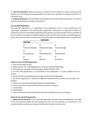 4. Lack of Co-ordination- Whatever decisions are taken by the line officials, in certain situations wrong
decisions, are carried down and implemented in the same way. Therefore, the degree of effective co-
ordination is less.
5. Authority leadership- The line officials have tendency to misuse their authority positions. This leads to
autocratic leadership and monopoly in the concern.
Line and Staff Organization
Line and staff organization is a modification of line organization and it is more complex than line
organization. According to this administrative organization, specialized and supportive activities are
attached to the line of command by appointing staff supervisors and staff specialists who are attached to
the line authority. The power of command always remains with the line executives and staff supervisors
guide, advice and council the line executives. Personal Secretary to the Managing Director is a staff official.
MANAGING
DIRECTOR
↓ ↓ ↓
Production Manager Marketing Manager Finance Manager
↓ ↓ ↓
Plant Supervisor Market Supervisor Chief Assisstant
↓ ↓ ↓
Foreman Salesman Accountant
Features of Line and Staff Organization
1. There are two types of staff :
a. Staff Assistants- P.A. to Managing Director, Secretary to Marketing Manager.
b. Staff Supervisor- Operation Control Manager, Quality Controller, PRO
2. Line and Staff Organization is a compromise of line organization. It is more complex than line
concern.
3. Division of work and specialization takes place in line and staff organization.
4. The whole organization is divided into different functional areas to which staff specialists are
attached.
5. Efficiency can be achieved through the features of specialization.
6. There are two lines of authority which flow at one time in a concern :
a. Line Authority
b. Staff Authority
7. Power of command remains with the line executive and staff serves only as counselors.
Merits of Line and Staff Organization
1. Relief to line of executives- In a line and staff organization, the advice and counseling which is provided
to the line executives divides the work between the two. The line executive can concentrate on the
execution of plans and they get relieved of dividing their attention to many areas.
 