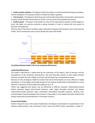 • Leader-member relations - The degree to which the leaders is trusted and liked by the group members,
and the willingness of the group members to follow the leader’s guidance
• Task structure - The degree to which the group’s task has been described as structured or unstructured,
has been clearly defined and the extent to which it can be carried out by detailed instructions
• Position power - The power of the leader by virtue of the organizational position and the degree to
which the leader can exercise authority on group members in order to comply with and accept his
direction and leadership
With the help of these three variables, eight combinations of group-task situations were constructed by
Fiedler. These combinations were used to identify the style of the leader.
Correlation between leader’s LPC scores and group effectiveness
Leadership Effectiveness
The leader’s effectiveness is determined by the interaction of the leader’s style of behavior and the
favorableness of the situational characteristics. The most favorable situation is when leader-member
relations are good, the task is highly structured, and the leader has a strong position power.
Research on the contingency model has shown that task-oriented leaders are more effective in highly
favorable (1, 2, 3) and highly unfavorable situation (7, 8), whereas relationship-oriented leaders are more
effective in situations of intermediate favorableness (4, 5, 6).
Fiedler also suggested that leaders may act differently in different situations. Relationship-oriented
leaders generally display task-oriented behaviors under highly favorable situations and display
relationship-oriented behaviors under unfavorable intermediate favorable situations. Similarly, task-
oriented leaders frequently display task-oriented in unfavorable or intermediate favorable situations but
display relationship-oriented behaviors in favorable situations.
Vroom-Yetton Model:
Another important issue in the study of leadership is the degree of participation of subordinates in the
decision-making process. Two researchers, Victor Vroom and Philip Yetton, developed a model of
 