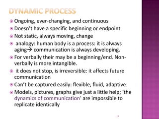 Dynamic processOngoing, ever-changing, and continuousDoesn’t have a specific beginning or endpointNot static, always moving, change analogy: human body is a process: it is always aging communication is always developing.For verbally their may be a beginning/end. Non-verbally is more intangible. it does not stop, is irreversible: it affects future communicationCan’t be captured easily: flexible, fluid, adaptiveModels, pictures, graphs give just a little help; ‘the dynamics of communication’ are impossible to replicate identically17