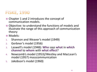 Fiske, 1990Chapter 1 and 2 introduces the concept of communication models. Objective: to understand the functions of models and illustrate the range of this approach of communication theoryModels:Shannon and Weaver’s model (1949)Gerbner’s model (1956)Laswell’s model (1948): Who says what in which channel to whom with what effect?Newcomb’s model (1953)/Westley and MacLean’s model (1957) masscommunicationJakobson’s model (1960)38