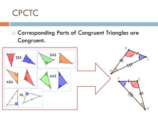 CPCTC
 Corresponding Parts of Congruent Triangles are
Congruent.
SSS
SAS
ASA
AAS
HL
 
