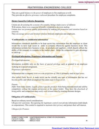 PRATHYUSHA ENGINEERING COLLEGE
SUBJECT CODE//NAME – GE6075/PROFESSIONAL ETHICS IN ENGINEERING
FACULTY NAME – SREEJA VIJAY
SUBJECT EXPERT - SREEJA VIJAY 55
They are a good balance to the power of employers to fire employees at will.
They provide an effective grievance redressal procedure for employee complaints.
Harms Caused by Collective Bargaining.
Unions are devastating the economy of a country, being a main source of inflation
With unions, there is no congenial (friendly), cooperative decision making.
Unions does not promote quality performance by making job promotion and retention based on
seniority.
They encourage unrest and strained relations between employees and employers.
‘Confidentiality or confidential information’
Information considered desirable to be kept secret.Any information that the employer or client
would like to have kept secret in order to compete effectively against business rivals This
information includes how business is run , its products and suppliers , which directly affects the
ability of the company to compete in the market place . Helps the competitor to gain advantage
or catch up
Privileged information, Proprietary information and Patents.
Privileged information:
Information available only on the basis of special privilege such as granted to an employee
working on a special assignment.
Proprietary information:
Information that a company owns or is the proprietor of. This is primarily used in legal sense.
Also called Trade Secret. A trade secret can be virtually any type of information that has not
become public and which an employer has taken steps to keep secret.
Patents:
Differ from trade secrets. Legally protect specific products from being manufactured and sold by
competitors without the express permission of the patent holder. They have the drawback of
being public and competitors may easily work around them by creating alternate designs.
Obligation of Confidentiality
Based on ordinary moral considerations:
I.Respect for autonomy: Recognizing the legitimate control over private information (individuals
or corporations). This control is required to maintain their privacy and protect their self-interest.
2.Respect for Promise:
www.rejinpaul.com
www.rejinpaul.com
Download Useful Materials from Rejinpaul.com
 
