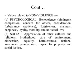 Cont…
• Values related to NON-VIOLENCE are:
(a) PSYCHOLOGICAL: Benevolence (kindness),
compassion, concern for others, consideration,
forbearance (patience), forgiveness, manners,
happiness, loyalty, morality, and universal love
(b) SOCIAL: Appreciation of other cultures and
religions, brotherhood, care of environment,
citizenship, equality, harmlessness, national
awareness, perseverance, respect for property, and
social justice.
 