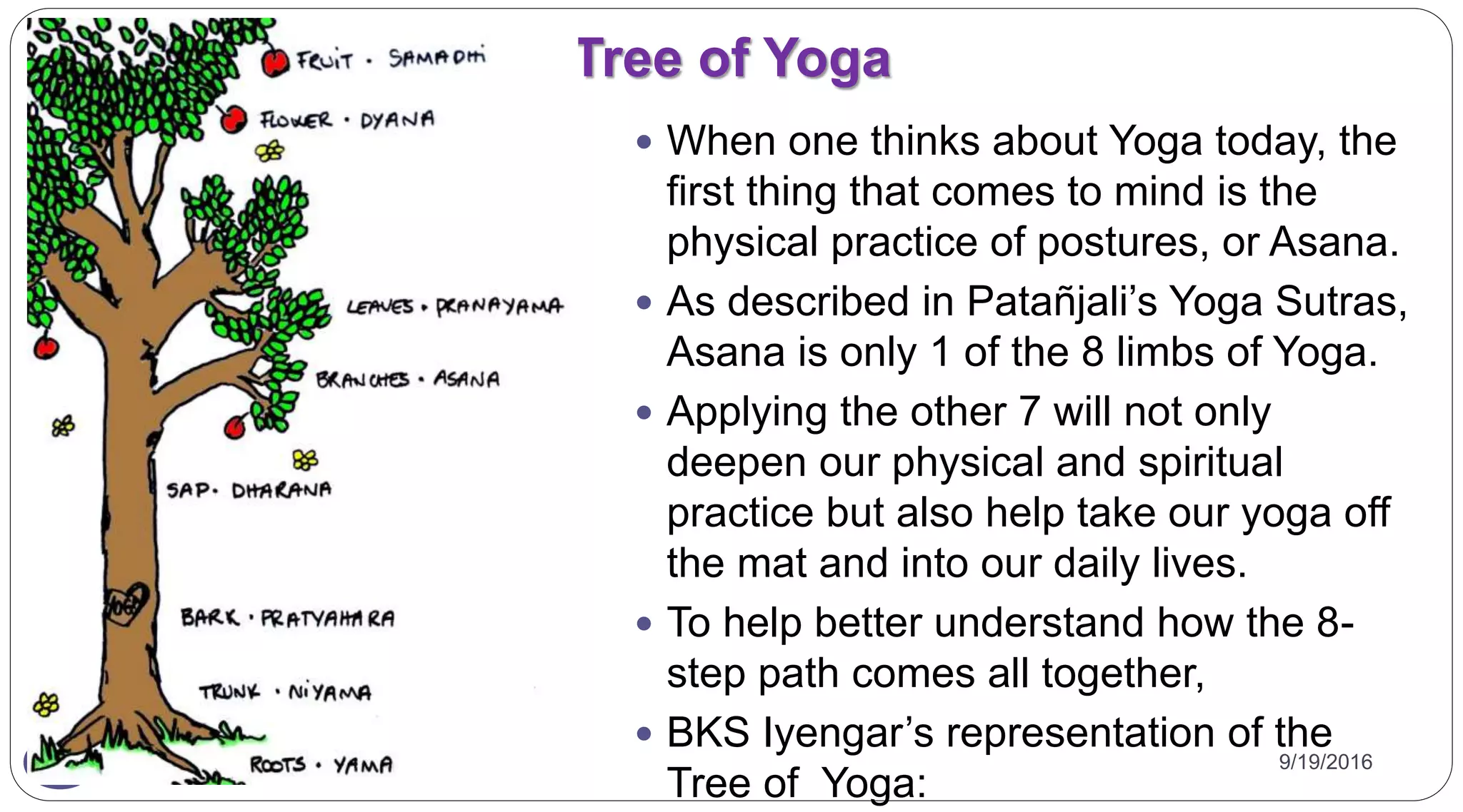 Tree of Yoga
9/19/2016Dr Gnanasekaran Thangavel33
 When one thinks about Yoga today, the
first thing that comes to mind is the
physical practice of postures, or Asana.
 As described in Patañjali’s Yoga Sutras,
Asana is only 1 of the 8 limbs of Yoga.
 Applying the other 7 will not only
deepen our physical and spiritual
practice but also help take our yoga off
the mat and into our daily lives.
 To help better understand how the 8-
step path comes all together,
 BKS Iyengar’s representation of the
Tree of Yoga:
 