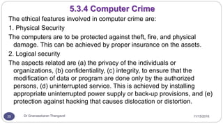11/15/2016Dr Gnanasekaran Thangavel35
The ethical features involved in computer crime are:
1. Physical Security
The computers are to be protected against theft, fire, and physical
damage. This can be achieved by proper insurance on the assets.
2. Logical security
The aspects related are (a) the privacy of the individuals or
organizations, (b) confidentiality, (c) integrity, to ensure that the
modification of data or program are done only by the authorized
persons, (d) uninterrupted service. This is achieved by installing
appropriate uninterrupted power supply or back-up provisions, and (e)
protection against hacking that causes dislocation or distortion.
5.3.4 Computer Crime
 