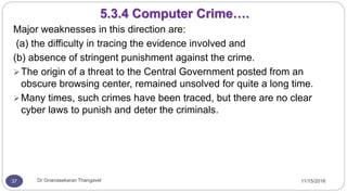 11/15/2016Dr Gnanasekaran Thangavel37
Major weaknesses in this direction are:
(a) the difficulty in tracing the evidence involved and
(b) absence of stringent punishment against the crime.
The origin of a threat to the Central Government posted from an
obscure browsing center, remained unsolved for quite a long time.
Many times, such crimes have been traced, but there are no clear
cyber laws to punish and deter the criminals.
5.3.4 Computer Crime….
 