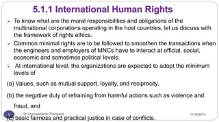 11/15/2016Dr Gnanasekaran Thangavel5
5.1.1 International Human Rights
 To know what are the moral responsibilities and obligations of the
multinational corporations operating in the host countries, let us discuss with
the framework of rights ethics.
 Common minimal rights are to be followed to smoothen the transactions when
the engineers and employers of MNCs have to interact at official, social,
economic and sometimes political levels.
 At international level, the organizations are expected to adopt the minimum
levels of
(a) Values, such as mutual support, loyalty, and reciprocity,
(b) the negative duty of refraining from harmful actions such as violence and
fraud, and
(c) basic fairness and practical justice in case of conflicts.
 