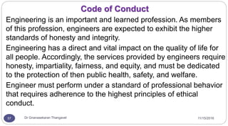 11/15/2016Dr Gnanasekaran Thangavel57
Engineering is an important and learned profession. As members
of this profession, engineers are expected to exhibit the higher
standards of honesty and integrity.
Engineering has a direct and vital impact on the quality of life for
all people. Accordingly, the services provided by engineers require
honesty, impartiality, fairness, and equity, and must be dedicated
to the protection of then public health, safety, and welfare.
Engineer must perform under a standard of professional behavior
that requires adherence to the highest principles of ethical
conduct.
Code of Conduct
 