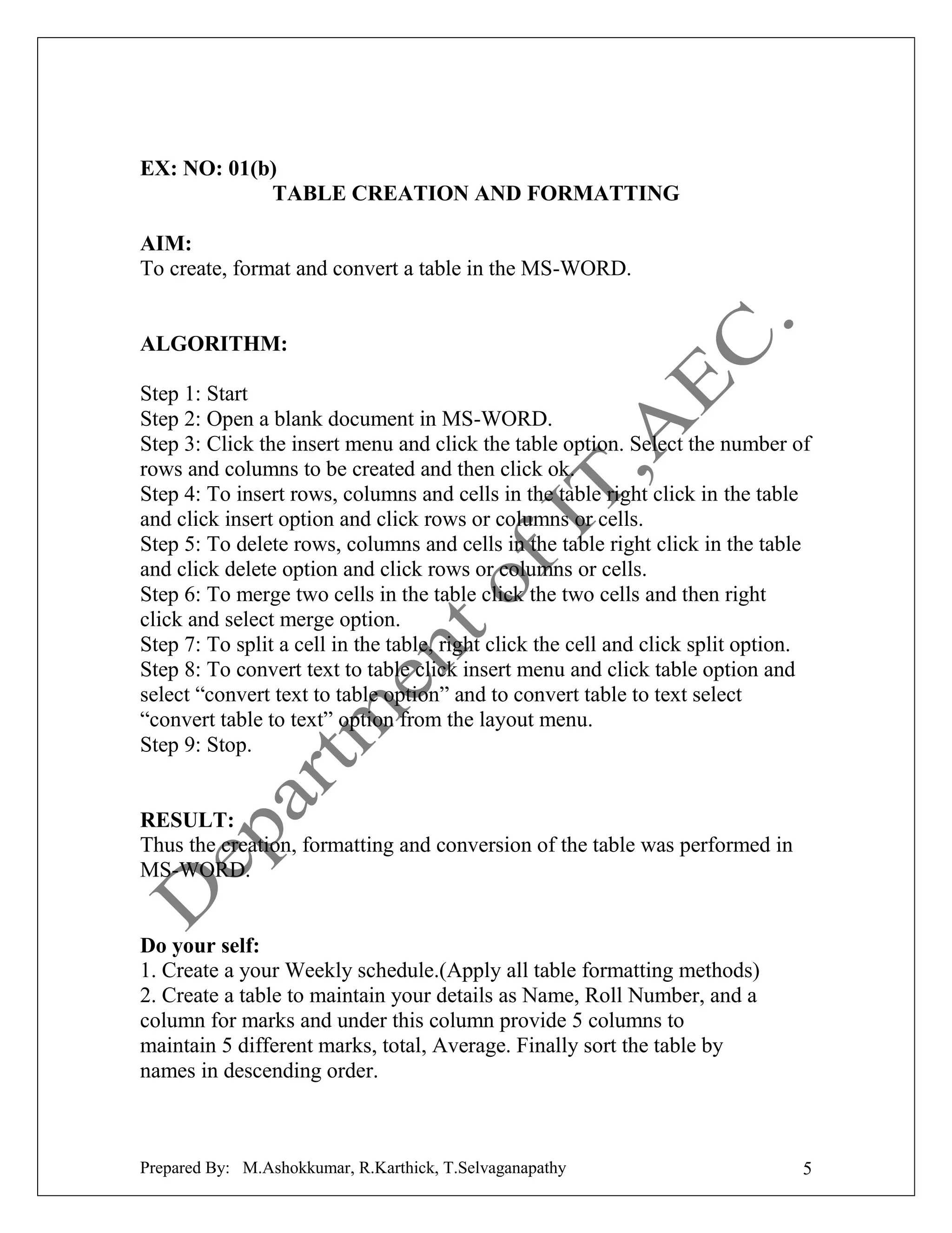 EX: NO: 01(b)
TABLE CREATION AND FORMATTING
AIM:
To create, format and convert a table in the MS-WORD.

ALGORITHM:
Step 1: Start
Step 2: Open a blank document in MS-WORD.
Step 3: Click the insert menu and click the table option. Select the number of
rows and columns to be created and then click ok.
Step 4: To insert rows, columns and cells in the table right click in the table
and click insert option and click rows or columns or cells.
Step 5: To delete rows, columns and cells in the table right click in the table
and click delete option and click rows or columns or cells.
Step 6: To merge two cells in the table click the two cells and then right
click and select merge option.
Step 7: To split a cell in the table, right click the cell and click split option.
Step 8: To convert text to table click insert menu and click table option and
select “convert text to table option” and to convert table to text select
“convert table to text” option from the layout menu.
Step 9: Stop.

RESULT:
Thus the creation, formatting and conversion of the table was performed in
MS-WORD.

Do your self:
1. Create a your Weekly schedule.(Apply all table formatting methods)
2. Create a table to maintain your details as Name, Roll Number, and a
column for marks and under this column provide 5 columns to
maintain 5 different marks, total, Average. Finally sort the table by
names in descending order.

Prepared By: M.Ashokkumar, R.Karthick, T.Selvaganapathy

5

 