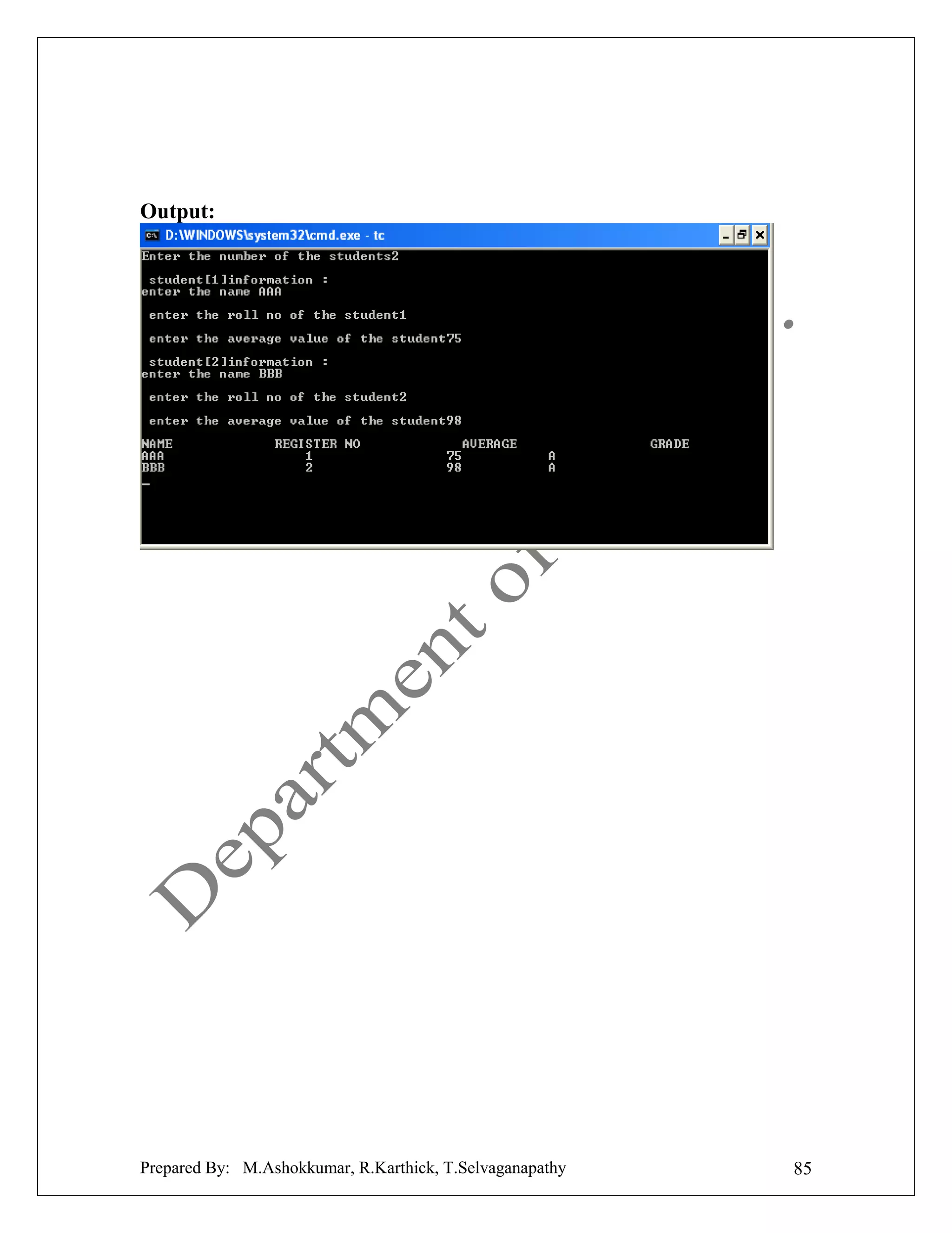 Output:

Prepared By: M.Ashokkumar, R.Karthick, T.Selvaganapathy

85

 