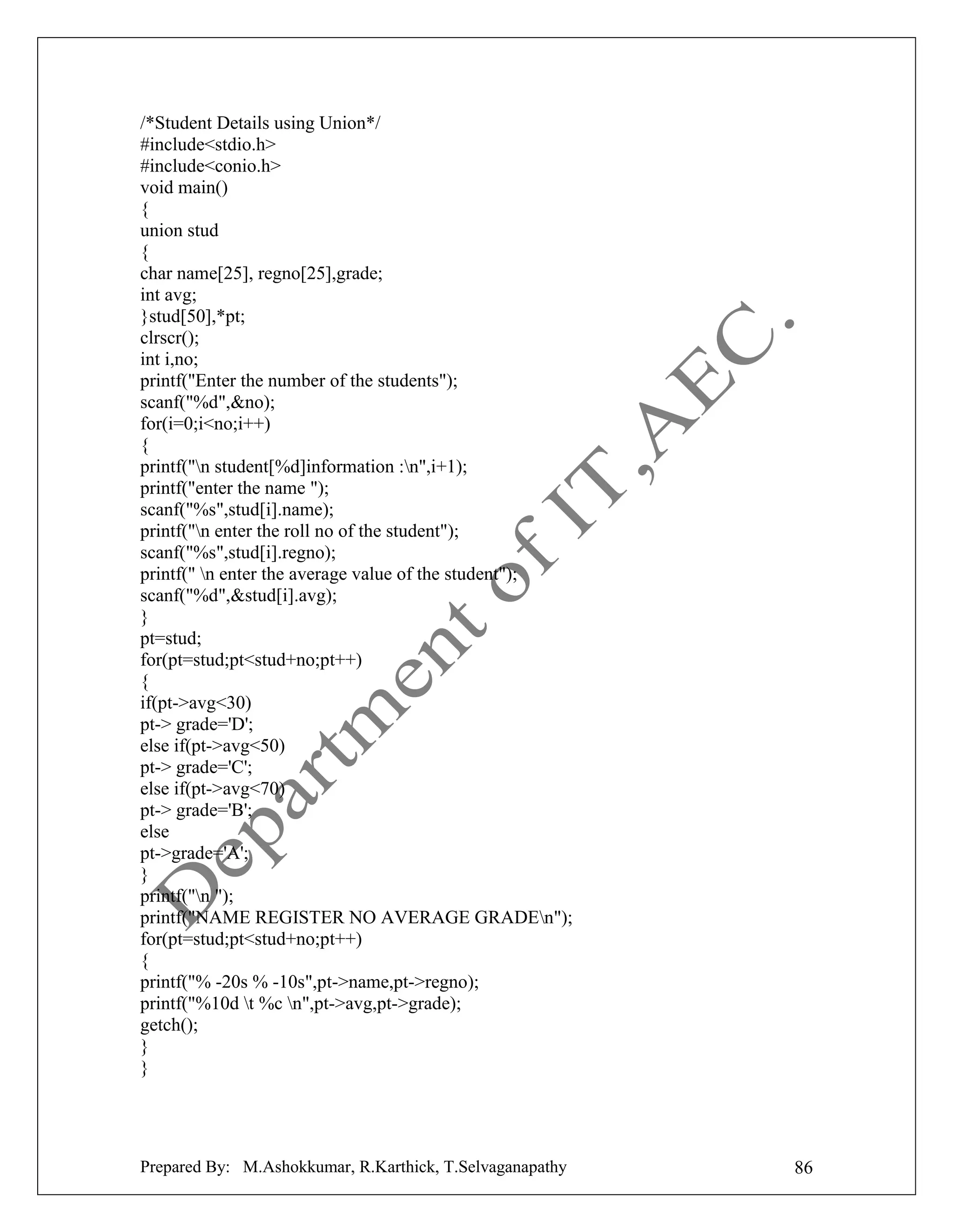 /*Student Details using Union*/
#include<stdio.h>
#include<conio.h>
void main()
{
union stud
{
char name[25], regno[25],grade;
int avg;
}stud[50],*pt;
clrscr();
int i,no;
printf("Enter the number of the students");
scanf("%d",&no);
for(i=0;i<no;i++)
{
printf("n student[%d]information :n",i+1);
printf("enter the name ");
scanf("%s",stud[i].name);
printf("n enter the roll no of the student");
scanf("%s",stud[i].regno);
printf(" n enter the average value of the student");
scanf("%d",&stud[i].avg);
}
pt=stud;
for(pt=stud;pt<stud+no;pt++)
{
if(pt->avg<30)
pt-> grade='D';
else if(pt->avg<50)
pt-> grade='C';
else if(pt->avg<70)
pt-> grade='B';
else
pt->grade='A';
}
printf("n ");
printf("NAME REGISTER NO AVERAGE GRADEn");
for(pt=stud;pt<stud+no;pt++)
{
printf("% -20s % -10s",pt->name,pt->regno);
printf("%10d t %c n",pt->avg,pt->grade);
getch();
}
}

Prepared By: M.Ashokkumar, R.Karthick, T.Selvaganapathy

86

 