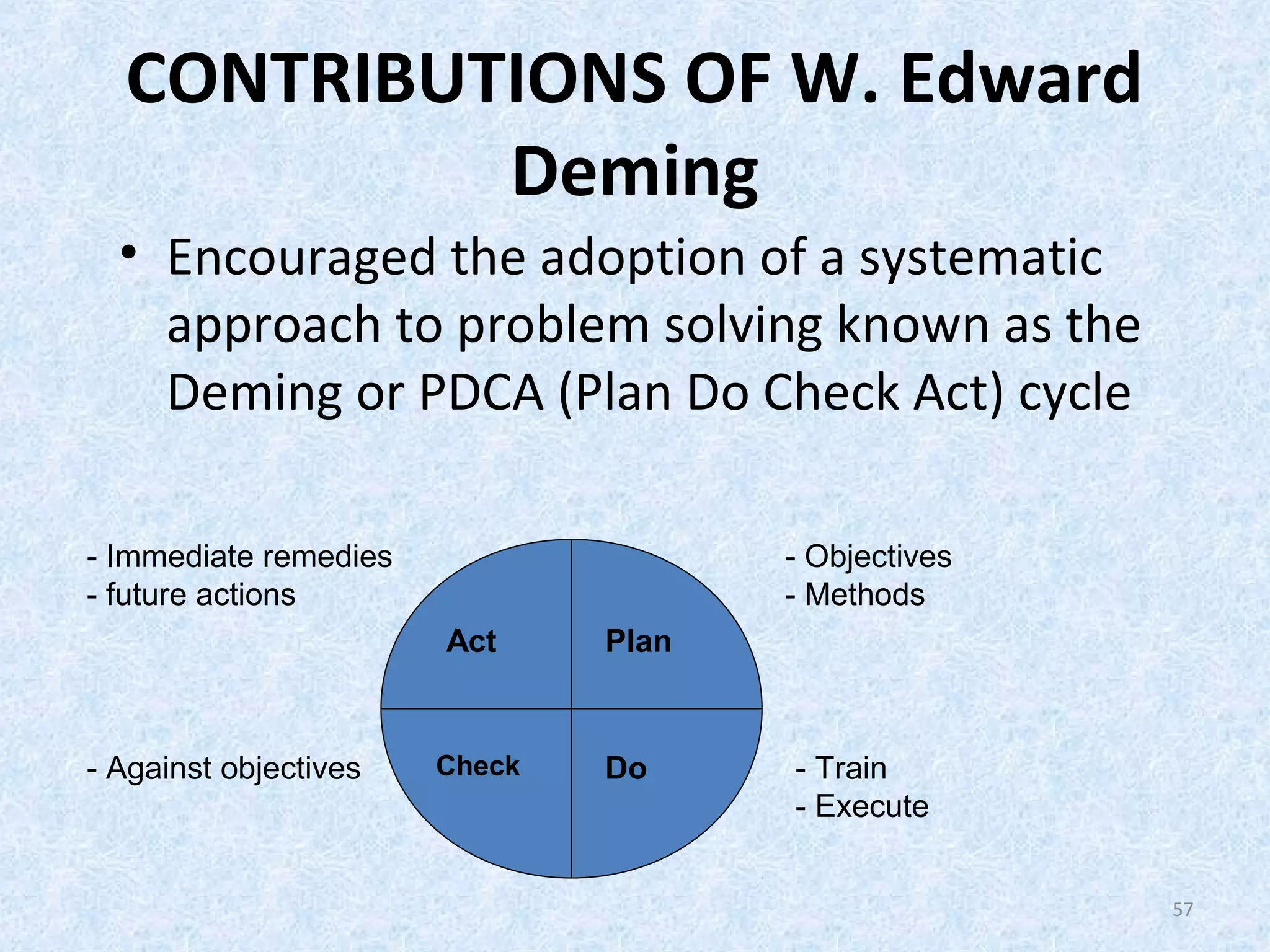 57
CONTRIBUTIONS OF W. Edward
Deming
• Encouraged the adoption of a systematic
approach to problem solving known as the
Deming or PDCA (Plan Do Check Act) cycle
Plan
DoCheck
Act
- Objectives
- Methods
- Train
- Execute
- Against objectives
- Immediate remedies
- future actions
 
