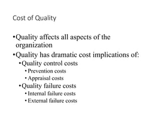 Cost of Quality
•Quality affects all aspects of the
organization
•Quality has dramatic cost implications of:
•Quality control costs
• Prevention costs
• Appraisal costs
•Quality failure costs
• Internal failure costs
• External failure costs
 