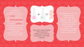 Consiste na 
colocação, em 
ambiente laboratorial, 
(in vitro), de um 
número significativo 
de espermatozóides, 
50 a 100 mil, ao redor 
de cada ovócito, 
procurando obter pré-embriões 
de boa 
qualidade que serão 
transferidos, 
posteriormente, para 
a cavidade uterina. 
Inicialmente restrita às 
mulheres com 
obstruções das 
trompas, hoje a FIV é 
utilizada como opção 
terapêutica para 
casais com fatores 
masculino, 
imunológico, ovariano 
e com endometriose, 
entre outras causas. 
Tem sido usada desde 
1978. Mais de 5 
milhões de crianças 
nasceram com esse 
método. 
 