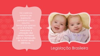 Legislação Brasileira 
Há carência 
extrema de 
legislação 
pertinente a este 
assunto. 
Sendo que apensa 
a Lei 8.974/95 , 
menciona a 
utilização dos 
genes humanos 
para a reprodução 
de outros seres 
idênticos. 
 