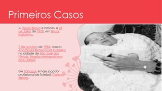 Primeiros Casos 
-> Louise Brown e nasceu a 25 
de Julho de 1978, em Bristol, 
Inglaterra. 
7 de outubro de 1984, nascia 
Ana Paula Bettencourt Caldeira 
na cidade de São José dos 
Pinhais, Região Metropolitana 
de Curitiba, 
Em Portugal, é hoje jogador 
profissional de futebol, Carlos 
Saleiro. 
 