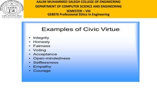 AALIM MUHAMMED SALEGH COLLEGE OF ENGINEERING
DEPARTMENT OF COMPUTER SCIENCE AND ENGINEERING
SEMESTER – VIII
GE8076 Professional Ethics in Engineering
 