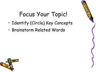Focus Your Topic! Identify (Circle) Key Concepts Brainstorm Related Words 