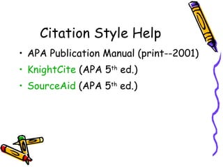 Citation Style Help APA Publication Manual (print--2001) KnightCite  (APA 5 th  ed.) SourceAid  (APA 5 th  ed.) 