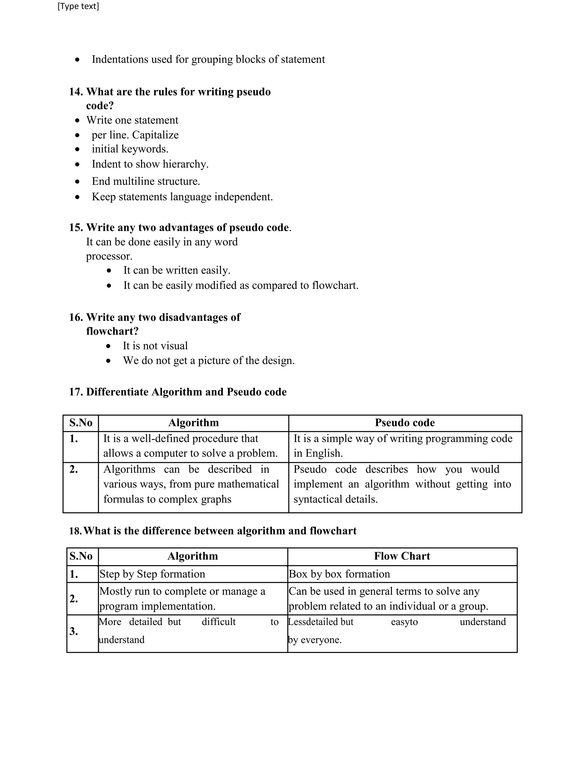 [Type text]
 Indentations used for grouping blocks of statement
14. What are the rules for writing pseudo
code?
 Write one statement
 per line. Capitalize
 initial keywords.
 Indent to show hierarchy.
 End multiline structure.
 Keep statements language independent.
15. Write any two advantages of pseudo code.
It can be done easily in any word
processor.
 It can be written easily.
 It can be easily modified as compared to flowchart.
16. Write any two disadvantages of
flowchart?
 It is not visual
 We do not get a picture of the design.
17. Differentiate Algorithm and Pseudo code
S.No Algorithm Pseudo code
1. It is a well-defined procedure that It is a simple way of writing programming code
allows a computer to solve a problem. in English.
2. Algorithms can be described in Pseudo code describes how you would
various ways, from pure mathematical implement an algorithm without getting into
formulas to complex graphs syntactical details.
18.What is the difference between algorithm and flowchart
S.No Algorithm Flow Chart
1. Step by Step formation Box by box formation
2.
Mostly run to complete or manage a Can be used in general terms to solve any
program implementation. problem related to an individual or a group.
3.
More detailed but difficult to Lessdetailed but easyto understand
understand by everyone.
 