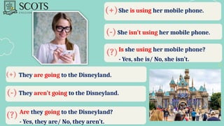 (+)
(-)
They are going to the Disneyland.
(?)
They aren’t going to the Disneyland.
Are they going to the Disneyland?
- Yes, they are/ No, they aren’t.
She is using her mobile phone.
(+)
(-)
(?)
She isn’t using her mobile phone.
Is she using her mobile phone?
- Yes, she is/ No, she isn’t.
 