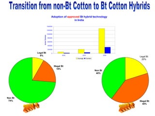 Adoption of approved Bt hybrid technology
                                                      in India

                                1400000

                                1200000

                                1000000




               Acres/ Farmers
                                 800000

                                 600000

                                 400000

                                 200000

         Legal Bt                     0
           8%                                     2002        2003                    2004
                                                                                             Legal Bt
                                                         Acerage   Farmers
                                                                                              20%


                                          Illegal Bt
                                             18%
                                                                             Non Bt
                                                                              40%




Non Bt
 74%                                                                                         Illegal Bt
                                                                                                40%
 