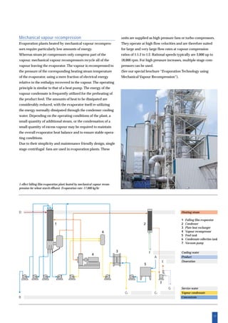 17
Mechanical vapour recompression
Evaporation plants heated by mechanical vapour recompres-
sors require particularly low amounts of energy.
Whereas steam jet compressors only compress part of the
vapour, mechanical vapour recompressors recycle all of the
vapour leaving the evaporator. The vapour is recompressed to
the pressure of the corresponding heating steam temperature
of the evaporator, using a mere fraction of electrical energy
relative to the enthalpy recovered in the vapour. The operating
principle is similar to that of a heat pump. The energy of the
vapour condensate is frequently utilized for the preheating of
the product feed. The amounts of heat to be dissipated are
considerably reduced, with the evaporator itself re-utilizing
the energy normally dissipated through the condenser cooling
water. Depending on the operating conditions of the plant, a
small quantity of additional steam, or the condensation of a
small quantity of excess vapour may be required to maintain
the overall evaporator heat balance and to ensure stable opera-
ting conditions.
Due to their simplicity and maintenance friendly design, single
stage centrifugal fans are used in evaporation plants. These
units are supplied as high pressure fans or turbo-compressors.
They operate at high flow velocities and are therefore suited
for large and very large flow rates at vapour compression
ratios of 1:1.2 to 1:2. Rational speeds typically are 3,000 up to
18,000 rpm. For high pressure increases, multiple-stage com-
pressors can be used.
(See our special brochure “Evaporation Technology using
Mechanical Vapour Recompression”).
1-effect falling film evaporation plant heated by mechanical vapour recom-
pression for wheat starch effluent. Evaporation rate: 17,000 kg/hr
Heating steam
Cooling water
Product
Deaeration
Service water
Vapour condensate
Concentrate
1 Falling film evaporator
2 Condenser
3 Plate heat exchanger
4 Vapour recompressor
5 Feed tank
6 Condensate collection tank
7 Vacuum pump
A
E
B
1 2
3
4
5
6
7
F
CC
D
G
CC
 