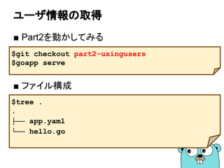 ユーザ情報の取得
■ Part2を動かしてみる
■ ファイル構成
$git checkout part2-usingusers
$goapp serve
$tree .
.
├── app.yaml
└── hello.go
 